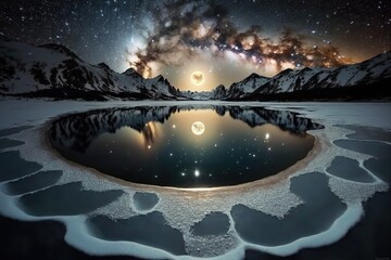illustration of a landscape with snow, lake and moon in the sky, generative ai