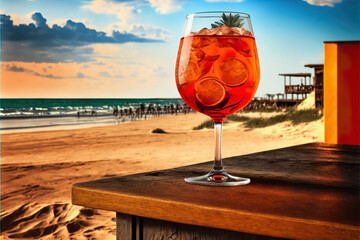 Cocktail on the beach. Orange cocktail on a table bar with view on sandy beach - obrazy, fototapety, plakaty