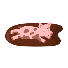 Funny pig playing in dirt. Farm character print for kids and baby design. Vector illustration