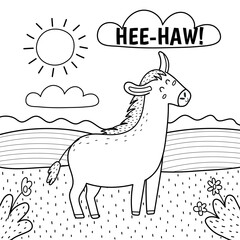 Donkey saying hee-haw black and white print. Cute farm character on a green pasture making a sound. Funny coloring page with animal in cartoon style for kids. Vector illustration