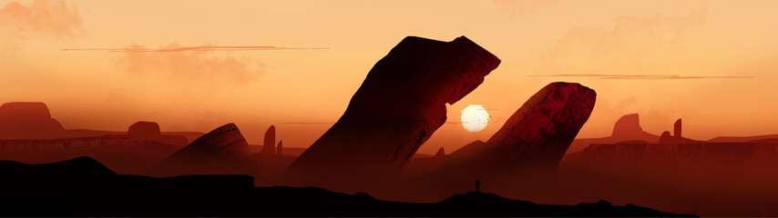 Concept Art of sunset desert panoramic view with mountains. Very Hot Environment.