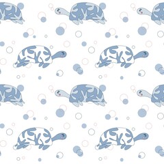 seamless pattern with turtles in ocean in blue neutral colors. Underwater world. Sea turtles. Cute cartoon drawing style. Pattern for textiles, wrapping paper, decor.