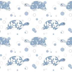 Foto op Canvas seamless pattern with turtles in ocean in blue neutral colors. Underwater world. Sea turtles. Cute cartoon drawing style. Pattern for textiles, wrapping paper, decor. © Oksana Faliush