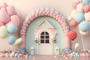 Easter decorations on the house background are pastel flowers. Generative AI