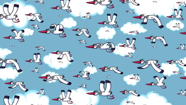 Storks characters wallpaper flying on clouds and sky background. Cute animation good as backdrop for intro, celebration, party, television programme, presentation, etc... Spring is coming.