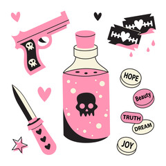 A set of emo elements. Pink and black stickers in the style of punk and rock. Poison, dagger, pistol, blades.
