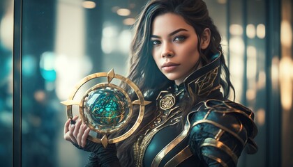 Obraz premium sci fi hero woman wearing onyx armor, Generative AI