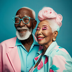Cheerful African American senior man in glasses and jacket with gray hair standing near pink haired woman with bright makeup against turquoise background looking at camera. Generative AI.