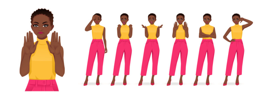 Young African American woman in bright colors clothes showing negative emotions with different gestures. Isolated vector illustration set.