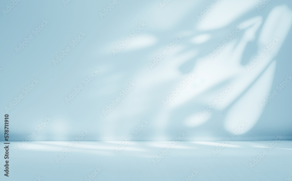 Poster Minimalistic abstract gentle light blue background for product presentation with light and intricate shadow from tree branches on wall.