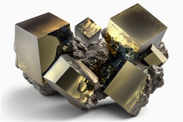 Pyrite crystals on a white background; sometimes known as fool's gold or cubic gems. Generative AI