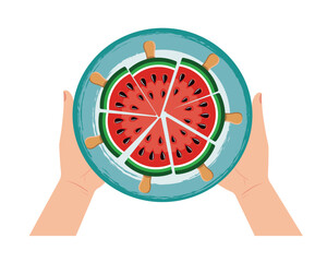 Hands holding a dish with pieces of watermelon on a stick. Vector illustration on white background.