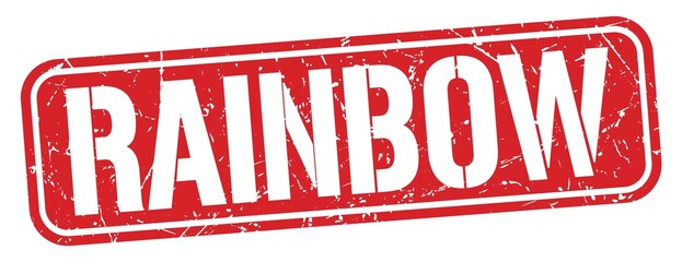 RAINBOW text written on red stamp sign.