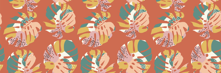 Hand drawn Monstera leaves seamless patterns for fabric, textiles, clothing, wrapping paper, cover, banner, interior decor, retro abstract backgrounds. 