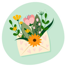 A hand-drawn bouquet of wildflowers in a paper envelope with hearts. Cute vector illustration in a flat cartoon style