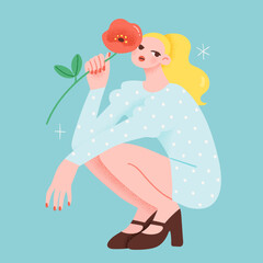 Portrait of a girl sitting and holding a blooming spring flower. Vector illustration of femininity concept. Trendy colorful style.