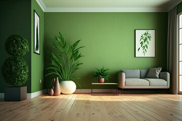 Fototapeta na wymiar Living room interior with green walls and green plants in pots. Generative ai