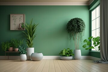 Living room interior with green walls and home plants. Generative ai