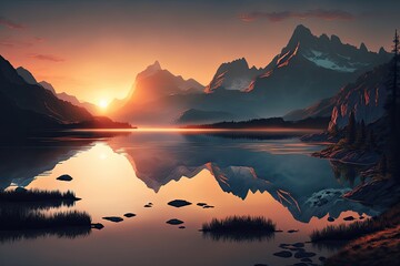 Fototapeta na wymiar Gorgeous sunrise landscape over lake and rocky mountains in the background. Generative ai