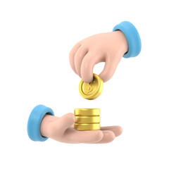 Transparent Backgrounds Mock-up.3d Icon black hand giving coins. Money concept, golden coins design element, Supports PNG files with transparent backgrounds.
