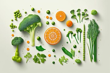 Green broccoli, green peas, and an orange carrot make for a clever design on a white background. The flat lay method. Imagined food. Generative AI