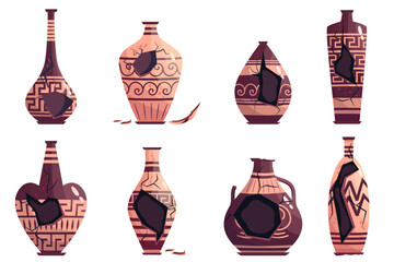 Greek broken vase set ancient jar isolated. Ceramic broken vase with greek symbol. Cartoon vector illustration. Pottery jar earthenware antique design.