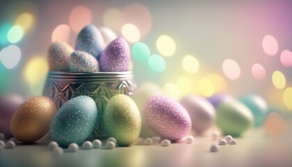 Easter Eggs Grouped Together on Reflective Surface with Shallow Depth of Field, Bokeh - Generative AI