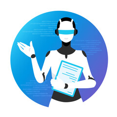 Vector illustration of a chatting, guiding, conversing robot. Image with blue gradient, round shape background.