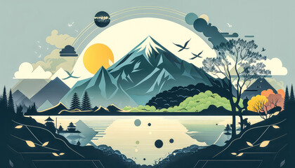 Fototapeta na wymiar Japanische Landschaft mit Japanischen Details wie See und Berg Abstrakte Illustration 2D Hintergrund Cover Generative AI Digitale Kunst