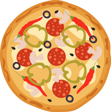 Tasty spicy pizza with pepperoni flat illustration