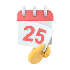 Transparent Backgrounds Mock-up.Tear off the calendar sheet. 25 is the date on the calendar. Off date. Deadline concept. Template page. Supports PNG files with transparent backgrounds.
