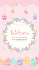 Spring season greeting invitation party card illustration. Decorative hanging balls garland, painted easter egg, egg hunt, happy easter,