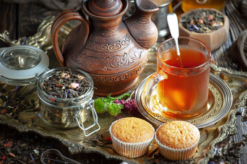 Dry tea leaves in a spoon on an old background