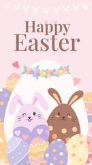 Cute happy easter egg bunny couple surround with paint colorful eggs illustration.