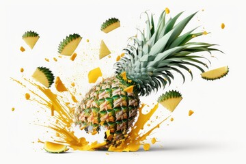 On a white background, a fresh, juicy pineapple is soaring. Falling slices of ananas pineapple. Generative AI