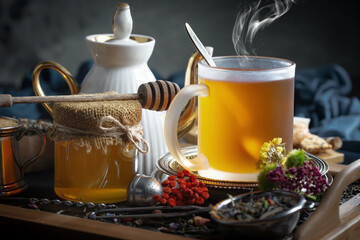 Sweet, hot tea with dry tea leaves, on an old background.