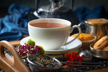 Sweet, hot tea with dry tea leaves, on an old background.