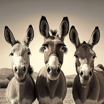 3 donkeys are staring at you rare nature photo of 4 donkeys staring at each other funny picture big ears mammal  white nose stand in a stable cute friends gray sharp face portrait Generative AI 