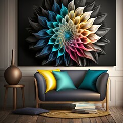 colorful flower. for canvas print interior wall decor furniture modern design style pillow couch with petals on the picture image lotus pattern fractal Generative AI 
