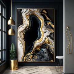  wallpaper for wall frames. golden and black liquid marble background. Resin geode and abstract art, functional art, like watercolor design painting circular  
fragmented swirl curved  Generative AI 