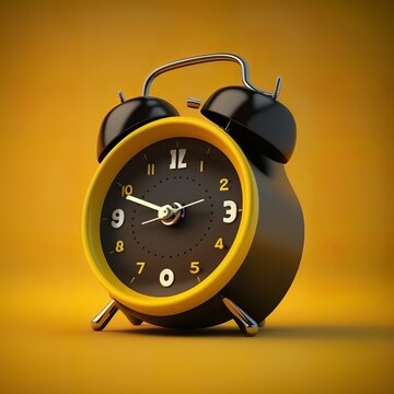 Alarm clock on yellow background, rendering black school bell alarum modern old cool traditional morning loud striking hour classical  Generative AI
