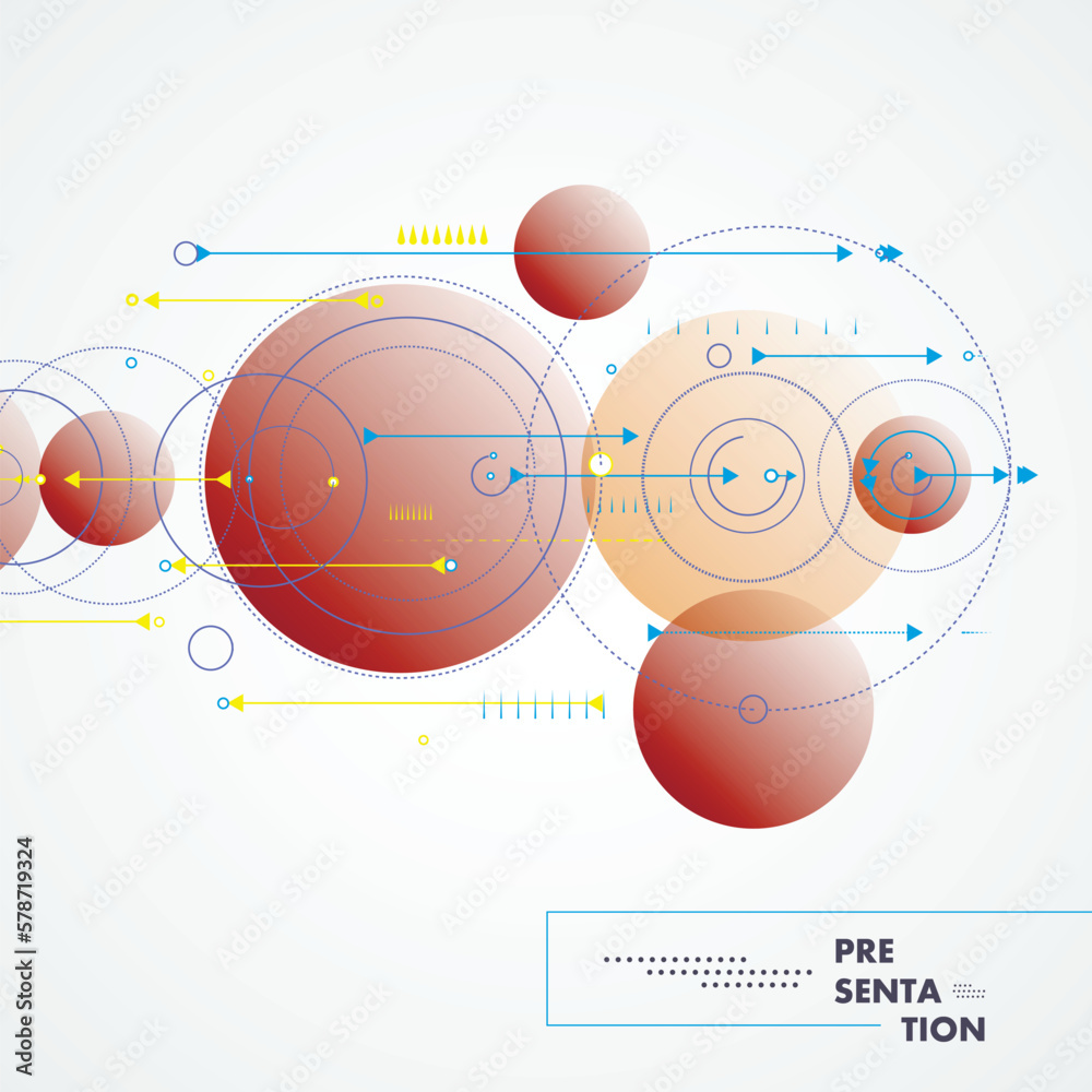 Poster Vector circles abstract design connect background. Pattern science with dots and lines and arrows. Technology data graphic connectivity. Geometric abstraction dynamics design