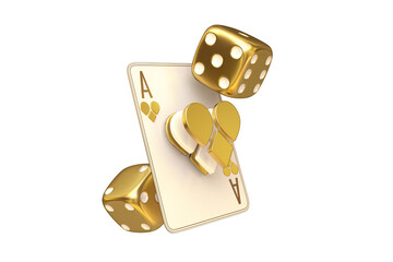 casino cards poker blackjack baccarat craps dice Black And Red Ace Symbols With Golden Metal 3d render 3d rendering illustration  - obrazy, fototapety, plakaty