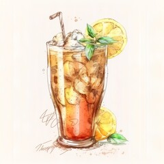 cold fresh ice tea hand drawn on white background real drawn color ice cubes, with a metal straw lemon glass flowers brown cherry on the edge of the glass liquid splash refreshment drink Generative AI