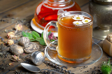 Sweet, hot tea with dessert, on an old background.