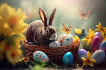 Cute bunny with pastel Easter eggs, ideal for seasonal projects and whimsical designs. Generative AI