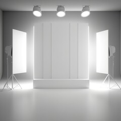 Empty white studio backdrops and spotlight on entertainment room background with showing scene. White product display or blank room. 3D rendering with lamp illumination from above Generative AI 