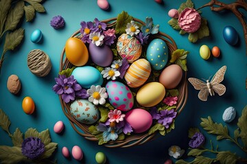 Easter eggs poster background for greeting celebrated in easter day. Generative AI