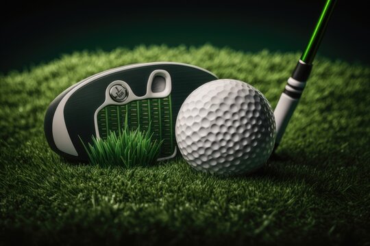 The golfing equipment of a club and a ball on a green grassy background. Photographic focus on a golf club and a golf ball. Generative AI