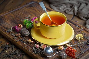 Sweet, hot tea with dessert, on an old background.